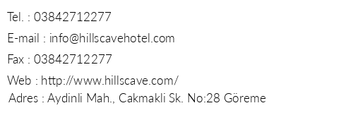 Hills Cave Hotel telefon numaralar, faks, e-mail, posta adresi ve iletiim bilgileri